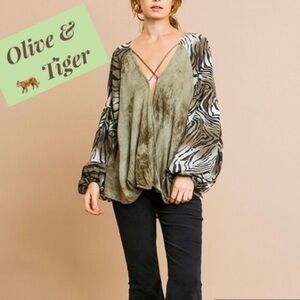 Umgee Olive & Tiger Criss Cross Crossover Mixed Media Blouse